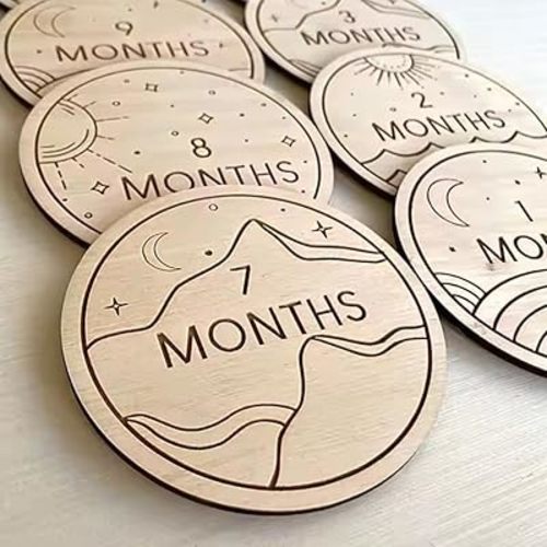 Baby Monthly Milestone, Wooden Engraved Discs for Baby Photos and Pregnancy Journey for Birth Announcement and Documenting Growth, Light Wood Photo Props (12 pcs) Boho, Whimsical, Nature Inspired Shower and Gender Reveal Gift