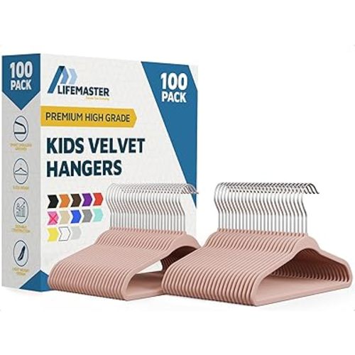 Pink Velvet Kids Hangers 100 Pack, 10.83" Non-Slip Baby & Toddler Hangers for Clothes, Space-Saving Slim ABS Plastic with 360° Swivel Hook & Notched Shoulders, Up to 10 lb Capacity