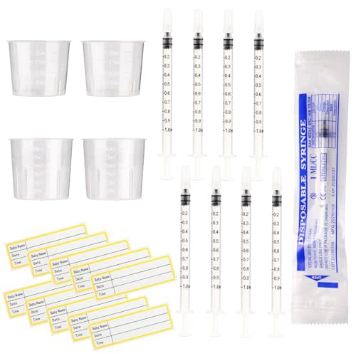 Colostrum Syringes 1ml No Needle – 50 Sets with Caps & Labels | Sterile Colostrum Collector Kit for Pets & Farm Animals – Includes 4 Measuring Cups, Easy to Use, Safe Storage