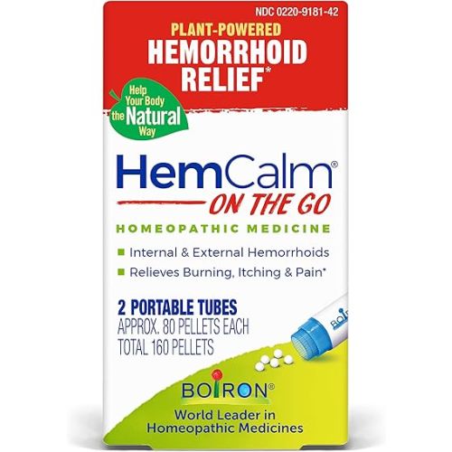 Boiron HemCalm On The Go Travel Essential for Hemorrhoid Relief of Pain, Itching, Swelling or Discomfort - 2 Count (160 Pellets)