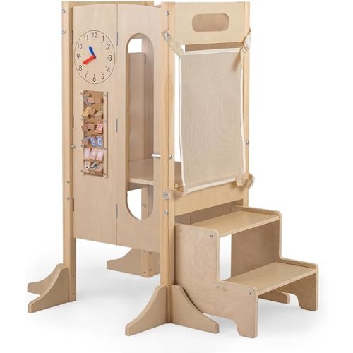 Costzon Toddler Step Stool, Foldable Standing Tower with Built-in Chalkboard & Detachable Safety Net, Montessori Games, Anti-tip Feet, Wooden Kitchen Kids Helper for Boys & Girls Aged 3+ Years Old