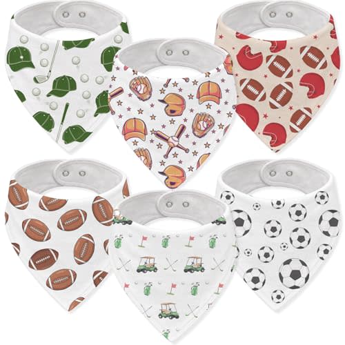 Sports Muslin Baby Bibs Drool Burp Cloths for Boys Football Baseball Soccer Golf Cotton Teething Baby Bandana Bibs Absorbent Baby Burp Cloths with Adjustable Snaps for Newborns Toddlers