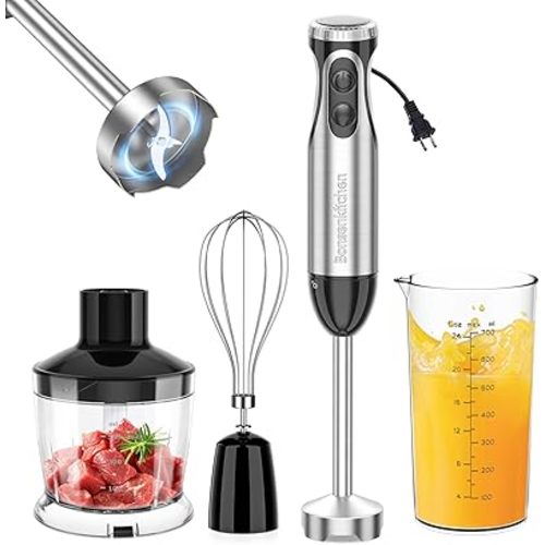 Bonsenkitchen Immersion Blender Handheld with Food Processor, 20 Speeds Hand Blender with Turbo Mode, Stainless Steel Blade, Egg Whisk, Beaker & Chopper Bowl, Hand Mixer for Smoothie, Soup, Baby Food