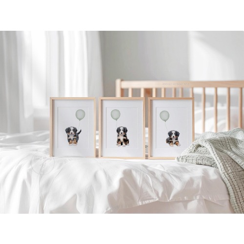 Set of 3 BERNESE MOUNTAIN DOG Nursery Prints | Puppy nursery decor | Puppies with balloons | Sage Green nursery wall art | Instant Download