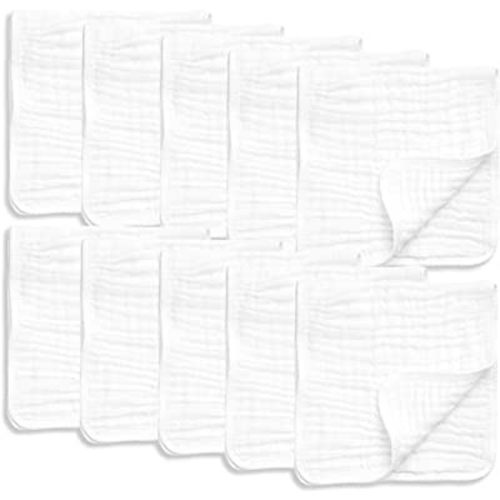 AllSett Health 10 Pack Muslin Burp Cloths Large 20" by 10" 100% Cotton, Hand Wash Cloth 6 Layers Extra Absorbent and Soft White