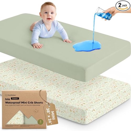 2-Pack Waterproof Pack and Play Sheets, Mini Crib Sheets Fitted for Boy, Girl - 38 x 26 Viscose from Bamboo Pack N Play Mattress Sheets for Graco, Toddler Playard Baby Crib Sheets Neutral (Foxtrot)