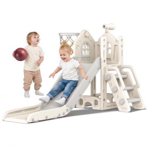DKMOCO 6-in-1 Toddler Slide, Climber Slide PlaySet with Basketball Hoop, Telescope & Anti-Slip Pads, Indoor Outdoor Playground Age 1-3, White Gray