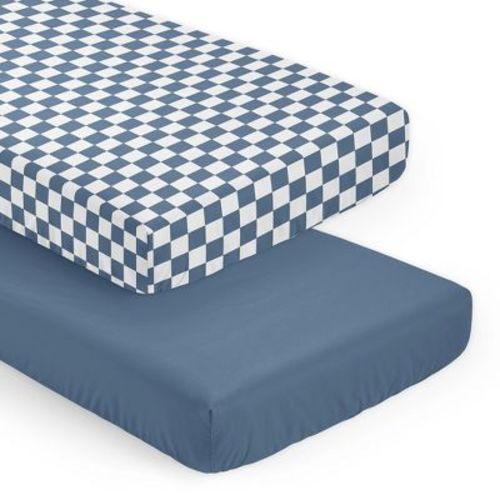 Sweet Jojo Designs Boy Fitted Crib Sheets Set Gingham Checkered Plaid Blue and White 2pc