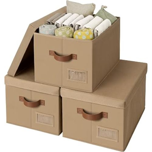 GRANNY SAYS Storage Bins with Lids, Storage Baskets for Linen Closet Shelves, Decorative Storage Boxes, Clothes Storage and Organization for Organizing, 3-Pack, Large, Brown