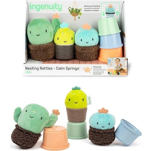 Ingenuity Calm Springs Nesting Rattles for Baby 3 Months & Up, Stackable Toys, BPA-Free Multi-Texture Rattle Set of 3, Unisex