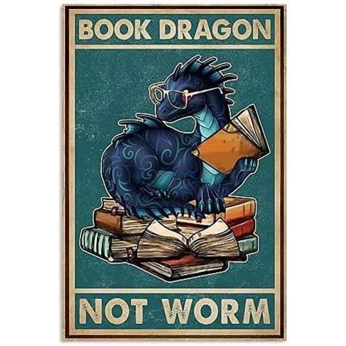 Dragon Retro Metal Tin Sign Book Dragon Not Worm Funny Poster Library Cafe Living Room Kitchen Bathroom Home Art Wall Decoration Plaque Gift 8inchx12inch, Tin Signs