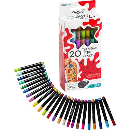 Hello Blink Temporary Tattoo Refill Markers - 20 Count - Compatible with Hello Blink Tattoo Maker - Bold Colors for DIY Body Art - Kids Craft Ages 8+