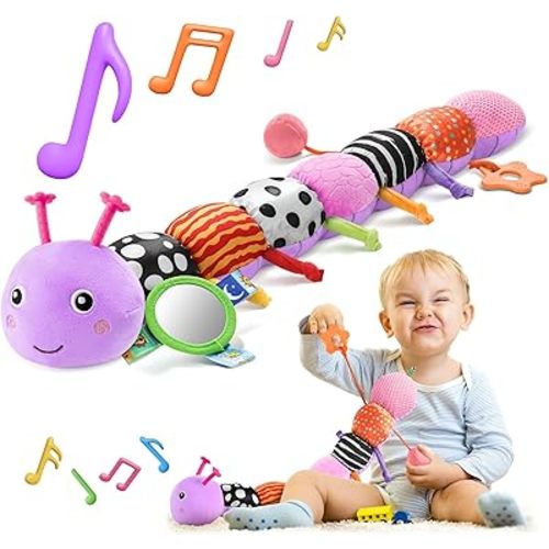 HEMRLY Baby Sensory Toy 0-6 Months, Musical Stuffed Caterpillar Plush with Teether, Crinkle, Rattle, Baby Mirror for Tummy Time,Infant Car Seat Toy for 0-3-6-12 Month Boys Girls Gifts- Knotted Purple