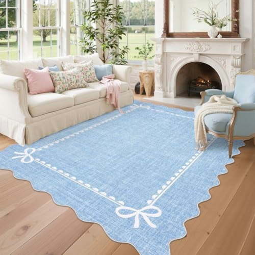Scalloped Bow Rug for Living Room, Solid Blue Rug for Dorm, Washable Rugs 5x7 Soft Low Pile Non Slip Scalloped Rugs for Nursery College Bedroom Decor Kids Room Playroom