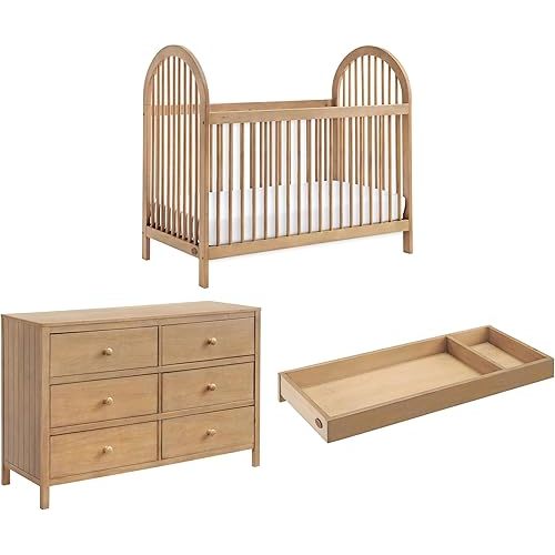 Oxford Baby 3 PC Nursery Set Everlee Modern High Arch 3-in-1 Convertible Island Baby Crib, Honey Wood Everlee, 6-Drawer Double Dresser, Honey Wood and Everlee Changing Topper for 6-Drawer, Honey Wood