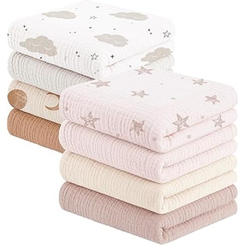 Susurration Muslin Cloths Baby Burp Cloths,8 Pack of, 100% Cotton Burp Cloths Baby for Boys and Girls, Soft, Breathable and Extremely Absorbent Muslin Cloth for Baby 60 x 60 cm (Pink Brown)