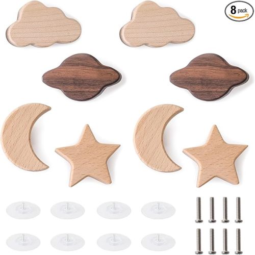 Wooden Drawer Knobs 8Pack Decorative Wood Dresser Knobs Wood Cabinets Knobs Pulls with Screws Wall Hooks and Furniture Pull Handles for Nursery Bedroom Kitchen Closet - Star Moon