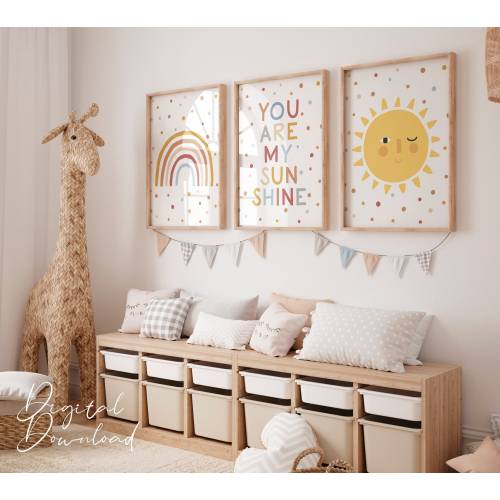 You Are My Sunshine Wall Art Print, Nursery Art, Set of 3, Sun Rainbow, Neutral Nursery Decor, Sunshine Nursery, Playroom Printable Set of 3