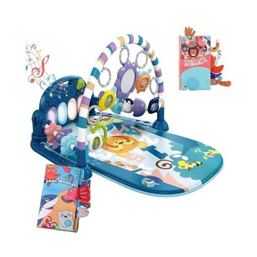 dearlomum Blue Giraffe Theme Baby Play Mat Gym with Kick & Play Piano | Tummy Time Activity Mat with 5 Infant Sensory Toys, Music and Lights, Boy & Girl Gifts for Newborns 0 to 3 6 9 12 Months
