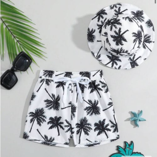 3 Pcs Infant/Toddler Boys Palm Tree Print Swimwear Set: Sleeveless Swimsuit & Hat Summer Outfits For Boys Boy Summer Clothes Baby Boys Sets Boys Sets Summer Summer Clothes For Boys | SHEIN USA