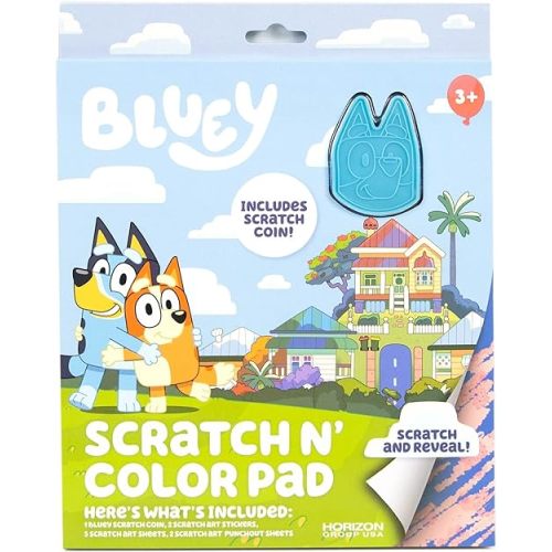 Bluey Scratch ‘n Color Pad, 9-Page Activity Coloring Book, Includes Scratch Art, Stickers for Kids, Bluey Toys, On the Go Activity Playset, Bluey Toys for Toddlers 1-3, Great Gift for Kids Ages 3 & Up