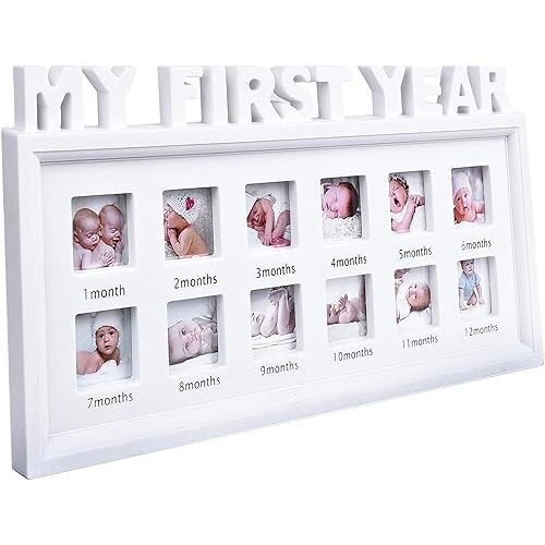 MICKYU My First Year Baby Picture Frame – 12-Month Milestone Photo Display, Personalized Monthly Growth Tracker, Newborn Shower Gift, Rustic White Décor for Nursery or Living Room