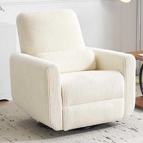 360° Swivel Glider Recliner Chair, Oversized Rocker Recliner with Heating and Massage, Glider Chair for Nursery with Pillow,24" Extra Wide Rocking Chair for Living Room, Beige