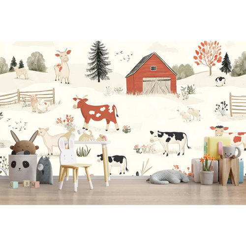 Vintage Farm Cows And Barn Wallpaper – Country Life Pastel Pattern, Hand-Drawn Animals, Farmhouse Style Wall Decor, Kids Nursery Background Print | Wayfair