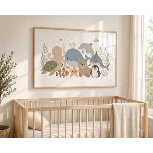 Ocean Animals Nursery Print, Neutral Under the Sea Wall Art, Cute Whale Shark Turtle Poster, Whimsical Gender Neutral Playroom Gift