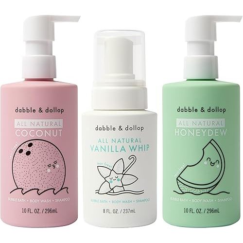 Dabble & Dollop Beachy Bundle, Natural Bubble Bath, Body Wash, Shampoo for Kids, Paraben & Sulfate Free, Vegan, Gluten-Free, Tear-Free, Honeydew Melon, Vanilla & Coconut (Set of 3)