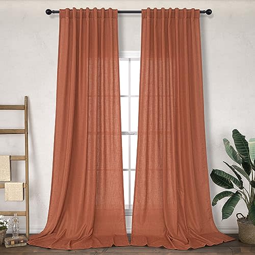 Terracotta Curtains 84 Inch Length for Living Room 2 Panels Back Tab Pocket Drapes Light Filtering Semi Sheer Flax Linen Burnt Orange Brown Red Rust Curtain for Bedroom Boho Farmhouse Decor 52x84 Long