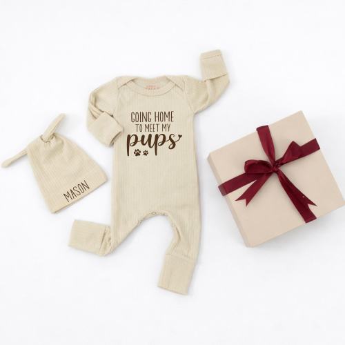 Going Home to Meet My Pups Baby Bodysuit, Personalized Dog Lover Newborn Outfit, Puppy Baby Announcement
