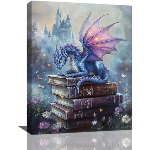 Olivine Dragon Wall Art, Dragon Book Pictures Wall Decor, Book Painting, Blue Canvas Prints,Framed Artwork for Bathroom Bedroom Living Room Library Office Home Decoration 16"x12"