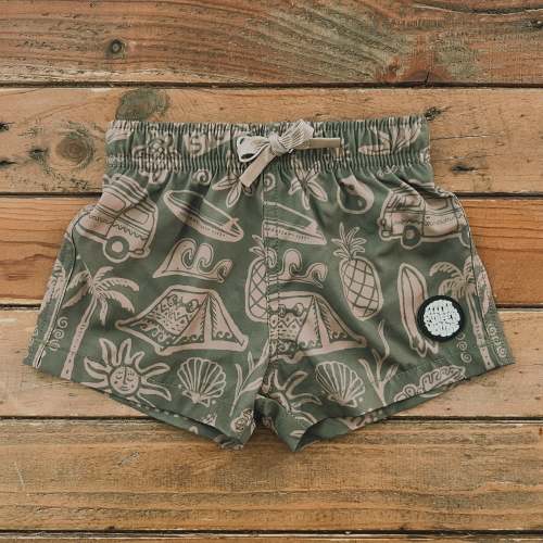 Green and Brown Stoke Little Surfer Dude Swim Trunks