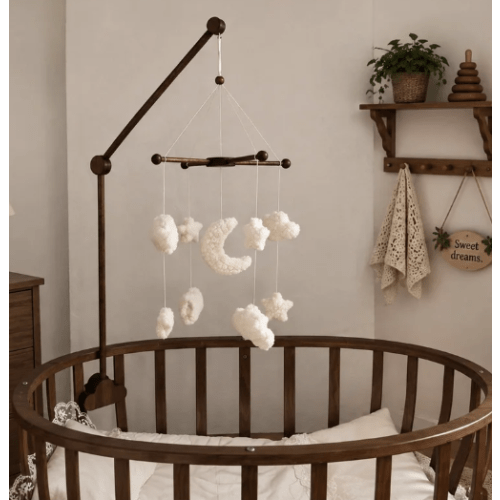Wooden Crib Mobile Arm with Cloud Clamp, Handmade Beech, Walnut Color
