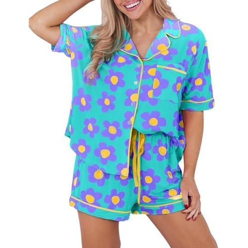 KevaMolly Womens Pajama Sets Pink Flower Print Buttoned Drawstring Waist Lounge Set Short Sleeve Top and Shorts