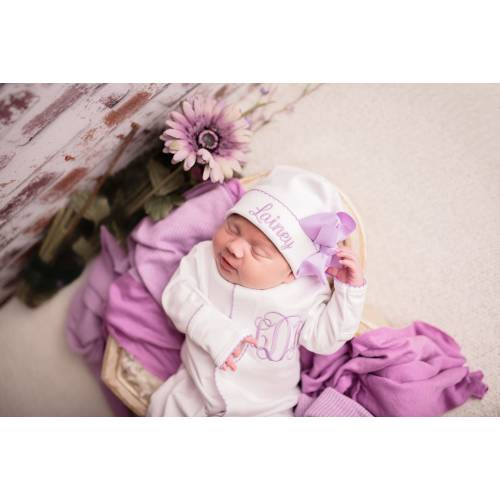 Baby girl coming home outfit, newborn coming home outfit, lilac lavender, monogrammed footie, baby shower gift, pima cotton, newborn photo