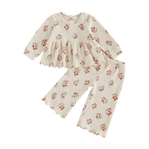 FYBITBO Fall Winter Toddler Girl Clothes Waffle Floral Outfits Long Sleeve Scalloped Shirt Pants Little Girls Clothing Sets