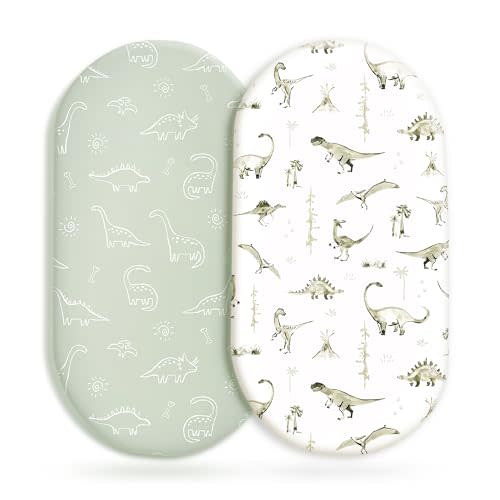 Stretch Ultra Soft Fitted Bassinet Sheet Set 2 Pack, Universal Fit for Bassinets Baby Cradle Moses Basket Oval Rectangle Mattress Safe and Snug, Dinosaur