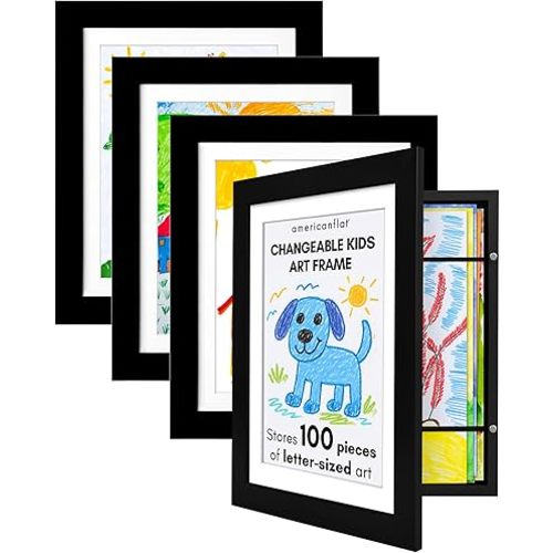 Americanflat - 4 Pack - Kids Artwork Frame Changeable (Black) - Magnetic Door Holds 100 Art Pieces - 8.5x11 Letter Size Display with Mat or 10x12.5 Without Mat - My Mini Masterpiece