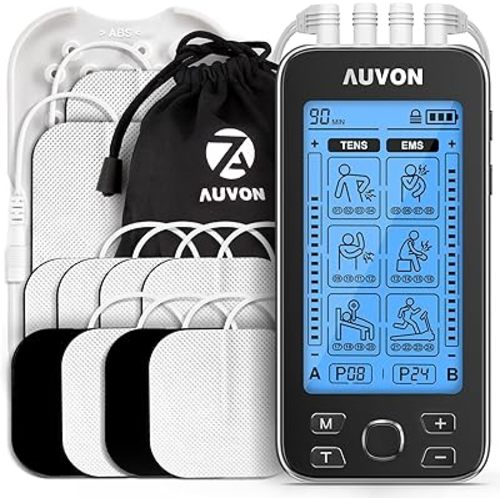 AUVON 4 Outputs TENS Unit Muscle Stimulator for Pain Relief Therapy with 24 Modes Rechargeable Electric TENS Machine for Pain Management, 2" and 2"x4" Electrodes Pads