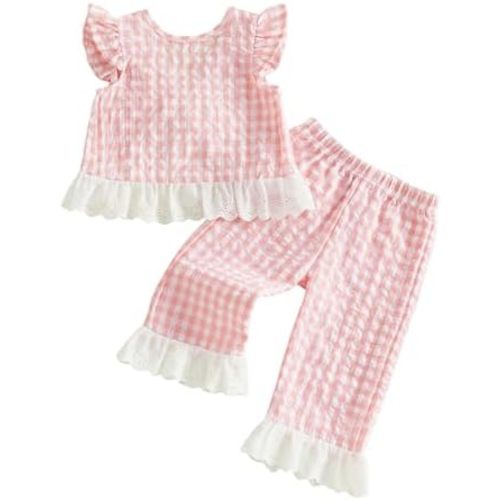 GOOCHEER Toddler Girl Clothes Baby Summer Outfit Plaid Ruffle Sleeveless Vest Tank Tops Pants Set 12 18 24 Month 2T 3T 4T