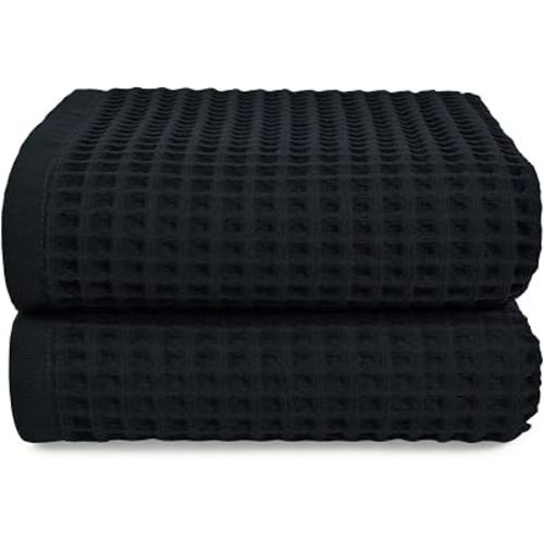 Jacquotha Waffle Bath Towel Set of 2 (Black) - Cotton, Thin, Low Lint, 31” x 62” Soft Bath Towels for Bathroom, Shower, Pool & Beach