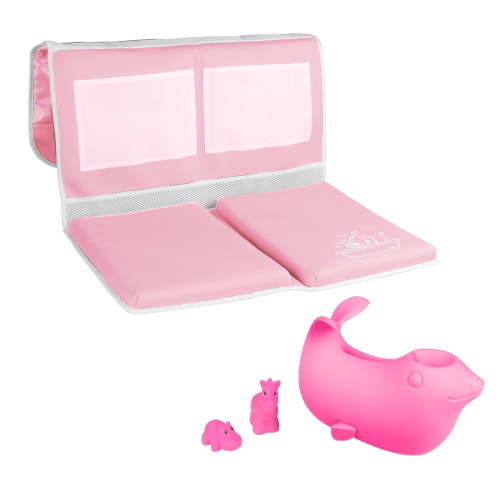 Bath Kneeler and Elbow Rest Pad Set with Toy Organizer - Bath Tub Pad - Bath Spout Cover Pink Sea Lions - Free Bathtub Toys