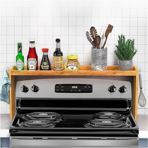 Bamboo Over the Stove Spice Shelf for Kitchen, 31.5" Spice Rack Organizer Shelf with 6 hooks, 11.4" Height Extra Storage Countertop, Easy to Assemble