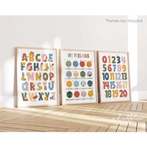 Set of 3 Educational Nursery Prints in Rainbow Colours, Feelings Print, Alphabet and Numbers Chart, Neutral Scandi Nursery Playroom Prints