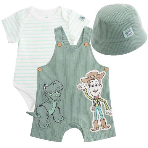 Disney Toy Story Woody Rex Shortall Ribbed Overalls Bodysuit and Bucket Hat (Baby Boys), 3 Piece Set, Sizes 3M-18M