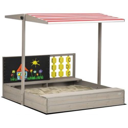 Outsunny Kids Sandbox with Adjustable Canopy, Bench Seats Wooden Sandbox, Backyard Toy with Chalkboard, Tic Tac Toe Game, Gift for Ages 3-7