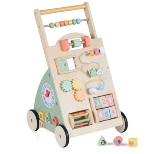 Costway Wooden Baby Walker Babies Push Walker with Wheels and Storage Basket