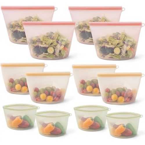 12-Packs Slider Reusable Silicone Food Storage Bags, 100% Silicone Stand-Up Wide-Open Leakproof Reusable Storage Bags for Food, Freezer Microwave Oven Dishwasher Safe, Eco-Friendly, Mixed 4L 4S 4XS